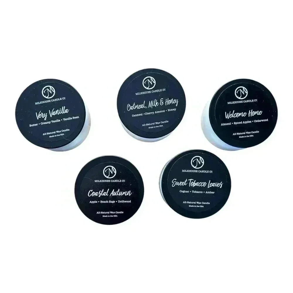 5 Milkhouse Candle Company 1.5 ounce scented tins 5 different scents.